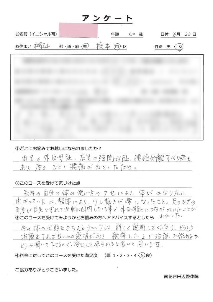 外反母趾の個別相談を受けた橋本市60代の女性のアンケート